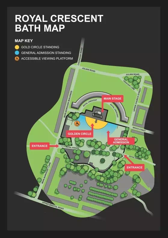 Seating map for Robbie Williams - Bath, Royal Crescent, 13th June 2025 Gold Circle Premium VIP